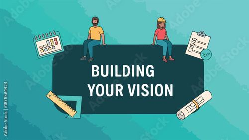 Building Your Vision Concept with Diverse Construction Workers and Tools Illustration