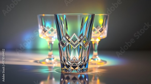 Elegant crystal glasses with geometric cut pattern illuminated by colorful iridescent light on dark background