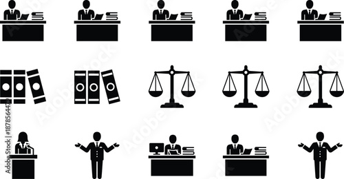 Legal office icon set, lawyer desk silhouette, justice scale, file folders, podium speaker, black vector illustration bundle