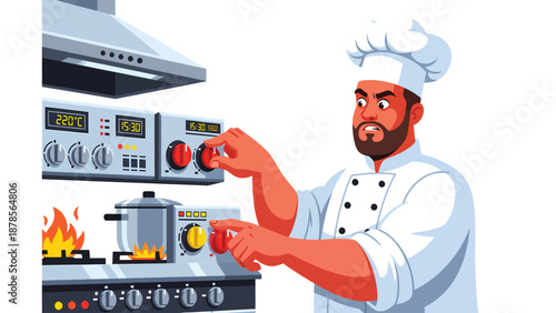 Professional Chef Adjusting Stove Controls in Commercial Kitchen. Male Cook Preparing Food with Precision and Skill.