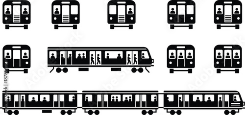 Subway train icon set, front and side views, black white vector, urban transport design, metro car silhouette illustration
