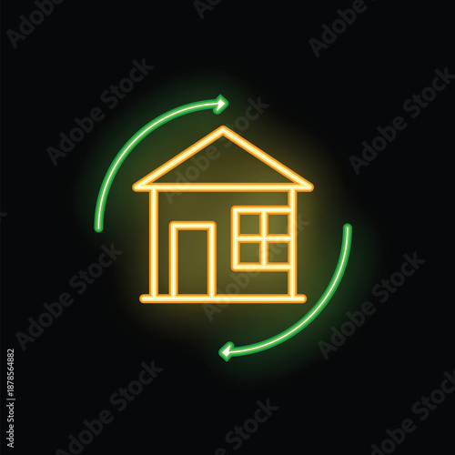 Glowing neon sign representing concept of swapping houses with rotating arrows around a house