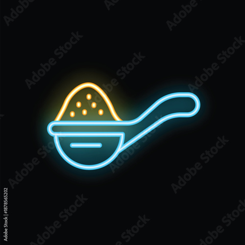 Bright neon icon of a strainer sifting flour or powdered sugar on a black background