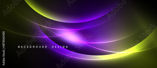 Abstract design features flowing curves, vibrant purple, yellow hues. Dark background emphasizes luminosity, creating dynamic visual effect.