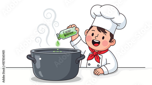Smiling Cartoon Chef Boy Pouring Green Liquid from Bottle into Steaming Pot while Cooking