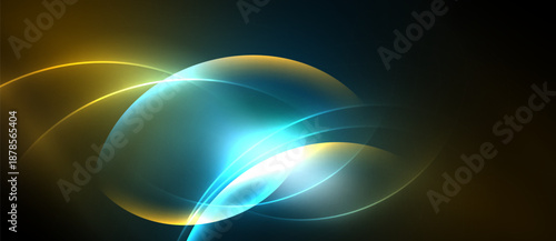 Abstract light shapes blend, creating luminous curves. Golden, teal hues dominate dark background. Bright center draws focus.