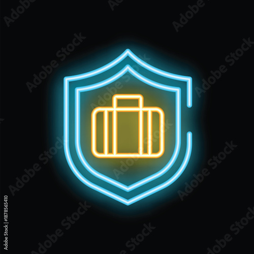 Glowing neon icon of a shield protecting a briefcase, representing job security and career protection