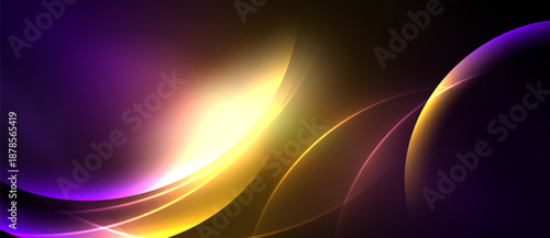 Abstract flowing shapes, vibrant colors blend. Purple, gold, white create dynamic visual effect. Smooth curves suggest movement, energy.