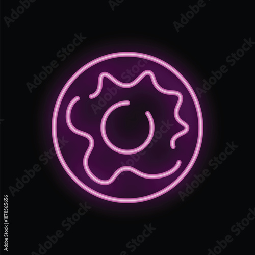 Bright pink neon sign is glowing in the dark, showing a delicious glazed donut