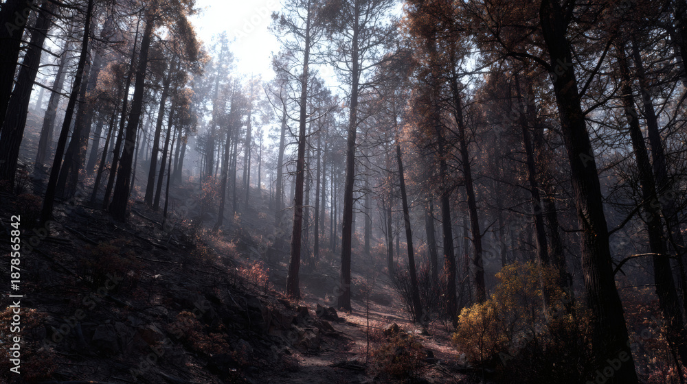 Obraz premium Forest pine tree fog mist sunlight path autumn regrowth nature Forest pine tree fog mist sunlight path autumn regrowth nature woodland slope trail tranquil morning light atmospheric landscape