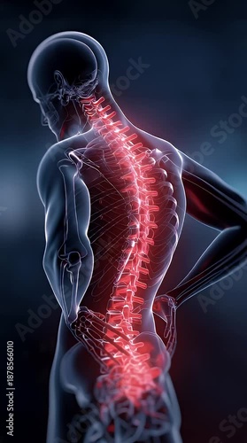 Human Figure Holding Lower Back with Glowing Spine X-Ray Style Medical Concept