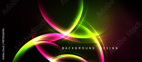 Vibrant abstract design features glowing curves, gradients. Dark background enhances luminous effect, creating modern visual.