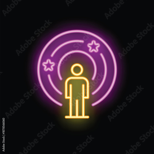 Neon icon of a man standing inside concentric circles symbolizing aura, energy, influence or other abstract concept