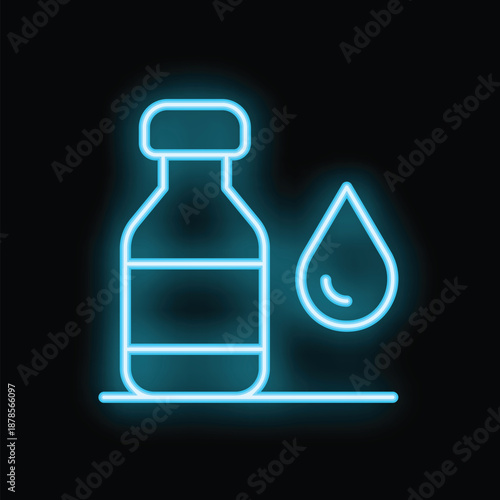Bright blue neon icon of a medicine bottle with a water drop, glowing on a black background