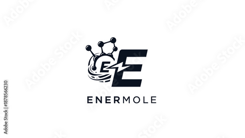 Enermole Logo Design with Molecule and Letter E.