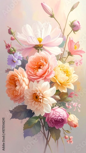 Pastel bouquet featuring roses, cosmos, and dahlia, against a soft, blended, watercolor-like background
