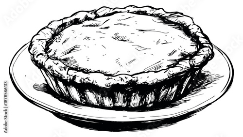 Hand drawn line art illustration of a pie depicting a classic baked dessert on a plate for food and bakery designs
