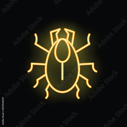 Yellow neon icon of a mite glowing on a dark background