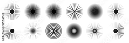 Black concentric circle. Sonar sound wave ring collection. Dotted and linear epicenter concept. Ripple radial vibration elements. Vector