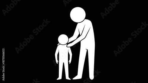 Caring Adult Stick Figure Guiding Child Stick Figure with a Gentle Hand on Shoulder, Isolated Black Background