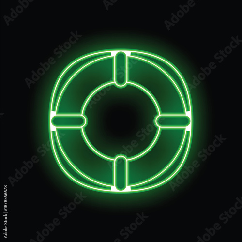 Green neon sign showing lifebuoy glowing on black brick wall