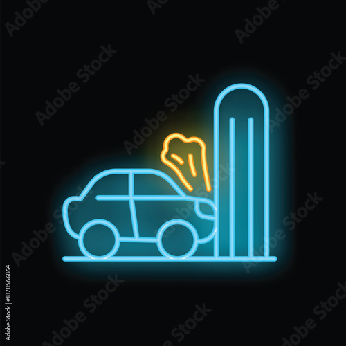 Neon sign depicting a car crashing into a utility pole, emitting bright yellow light