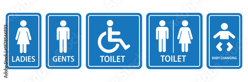Washroom signs. Restroom or toilet door sign set gents, ladies, disabled, baby changing. WC sign. Female or male restroom. WC door plate symbol. Printable sticker. Vector illustration
