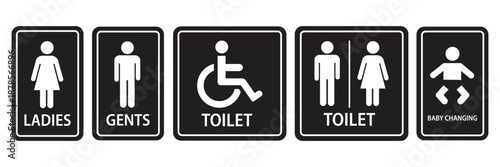 Toilet icon. WC sign. Printable sticker of toilet symbol sign with woman wc man handicapped baby icons. Restroom bathroom and change room sign. WC door plate symbol. Girls and boys restrooms sign