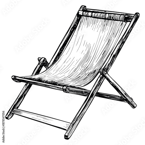 Hand drawn line art illustration of a deck chair depicting a reclined position for summer relaxation
