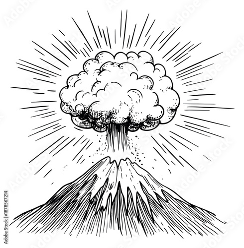 Hand drawn line art illustration of a volcano depicting an eruption with a large smoke cloud for natural disaster concepts