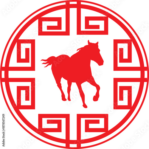 Horse on a Chinese Cultural Circle Frame. Lunar Horoscope New year Animal.