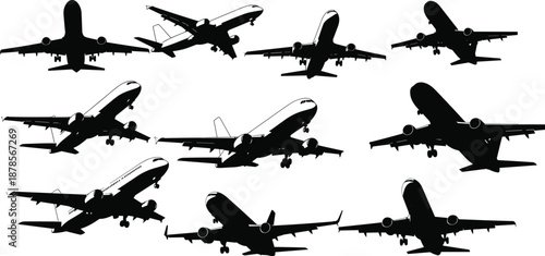 Commercial airplanes in flight silhouettes, aviation aircraft takeoff angles, black jet shapes on white background, transportation design reference, flat vector
