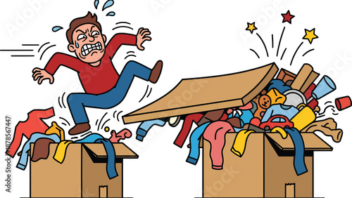 Overwhelmed by Clutter: Cartoon Illustration of a Man Stressed by Messy Boxes