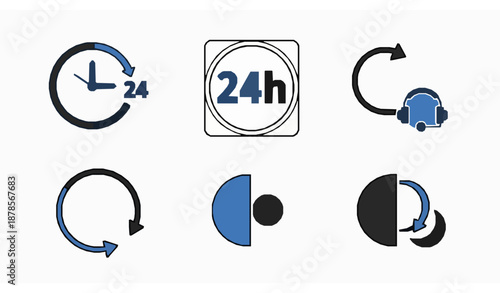24 Hours Service Icons Set Flat Vector Illustration