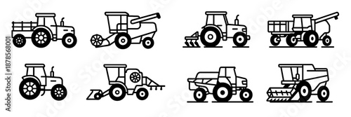 Various agricultural machinery illustrated in a minimalist style