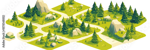 Isometric forest landscape with fir trees, rocky terrain, winding dirt paths, green grass, and mountainous hills in flat minimalist vector style