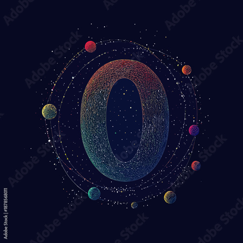 Abstract wireframe number zero surrounded by colorful planets and orbital paths space and galaxy concept vector illustration with starry background digital art design