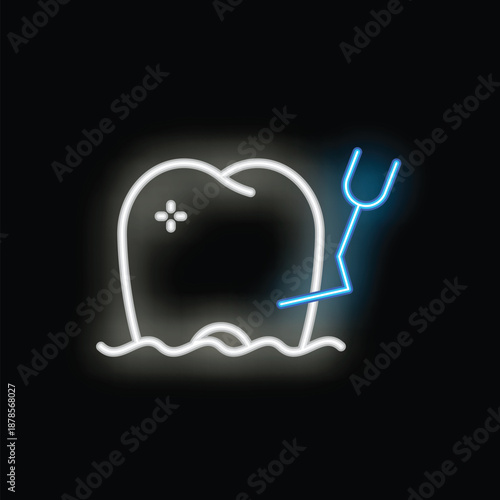 Neon icon depicting a dental probe examining a decaying tooth, symbolizing dental care and treatment