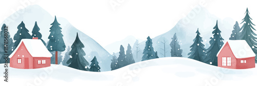 Winter snowy landscape with red wooden cabins surrounded by pine trees and mountains in minimalist flat vector style with soft watercolor effect