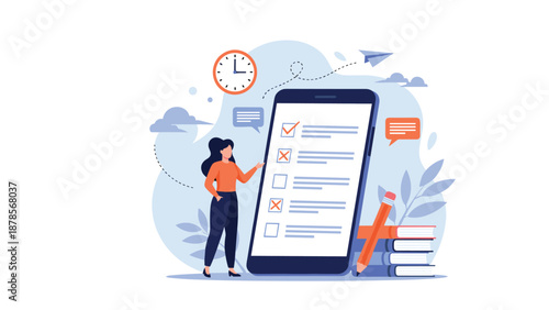 Woman manages her daily tasks using a digital checklist on a large smartphone screen surrounded by productivity symbols and books.