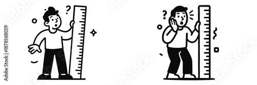 A person stands confused while measuring height with a tall ruler