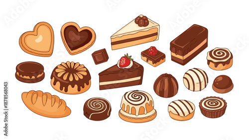 Assortment of sweet treats including various cakes, cookies, chocolate pieces, and pastries arranged on a plain white background.