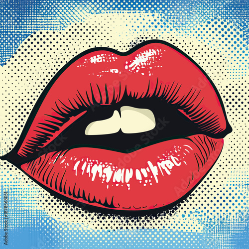 Bright red lips with teeth biting lower lip in retro pop art style halftone comic illustration with blue and cream background texture for vintage design and expression concept