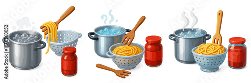 Cooking pasta in boiling water with sauce preparation tools