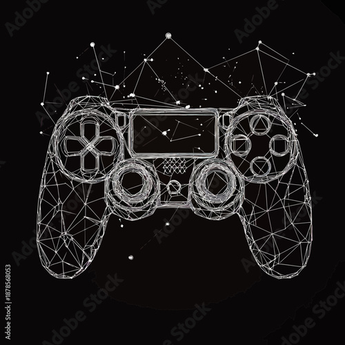 Abstract wireframe video game controller with polygonal mesh and connecting dots on black background digital technology concept for gaming design