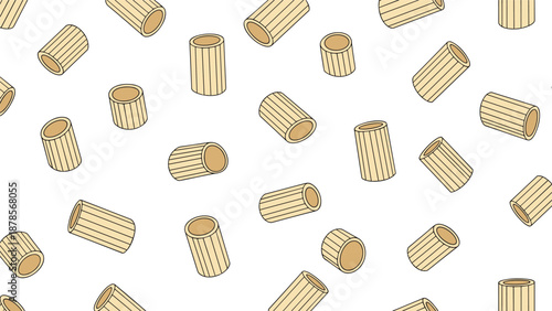 Seamless pattern of rigatoni pasta tubes scattered across a white background created for food industry and cooking design concepts.