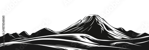 Black and white woodcut style mountain landscape vector illustration with minimalist flat design and bold contour lines for nature scenery background