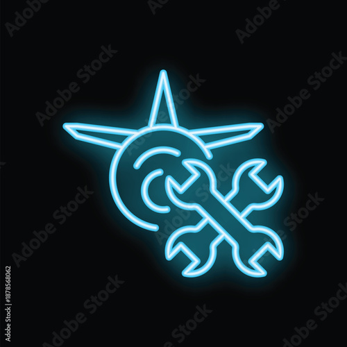 Glowing blue neon icon of an airplane being repaired with a crossed wrench on a black background