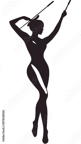 Silhouette of graceful female baton twirler in dynamic dance pose vector illustration minimalist black isolated on white background