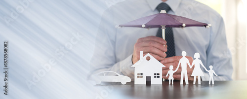 Concept of family, home and car protection; panoramic banner